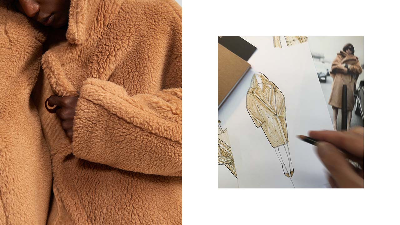 Detail auf dem legendären Teddy Bear Mantel von Max Mara im Farbton Kamel mit kreativer Design-Skizze des Teddy Bear Mantels.
