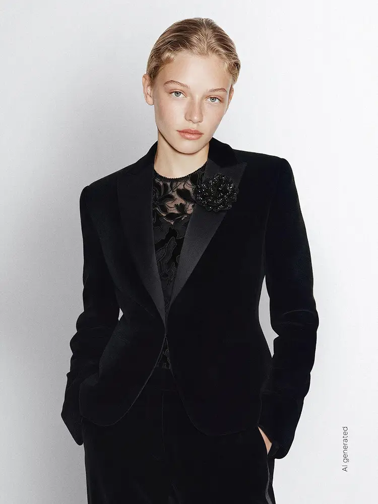 Das Model trägt eine schwarze Smoking-Jacke aus Samt von Max Mara mit Cropped-Schnitt.